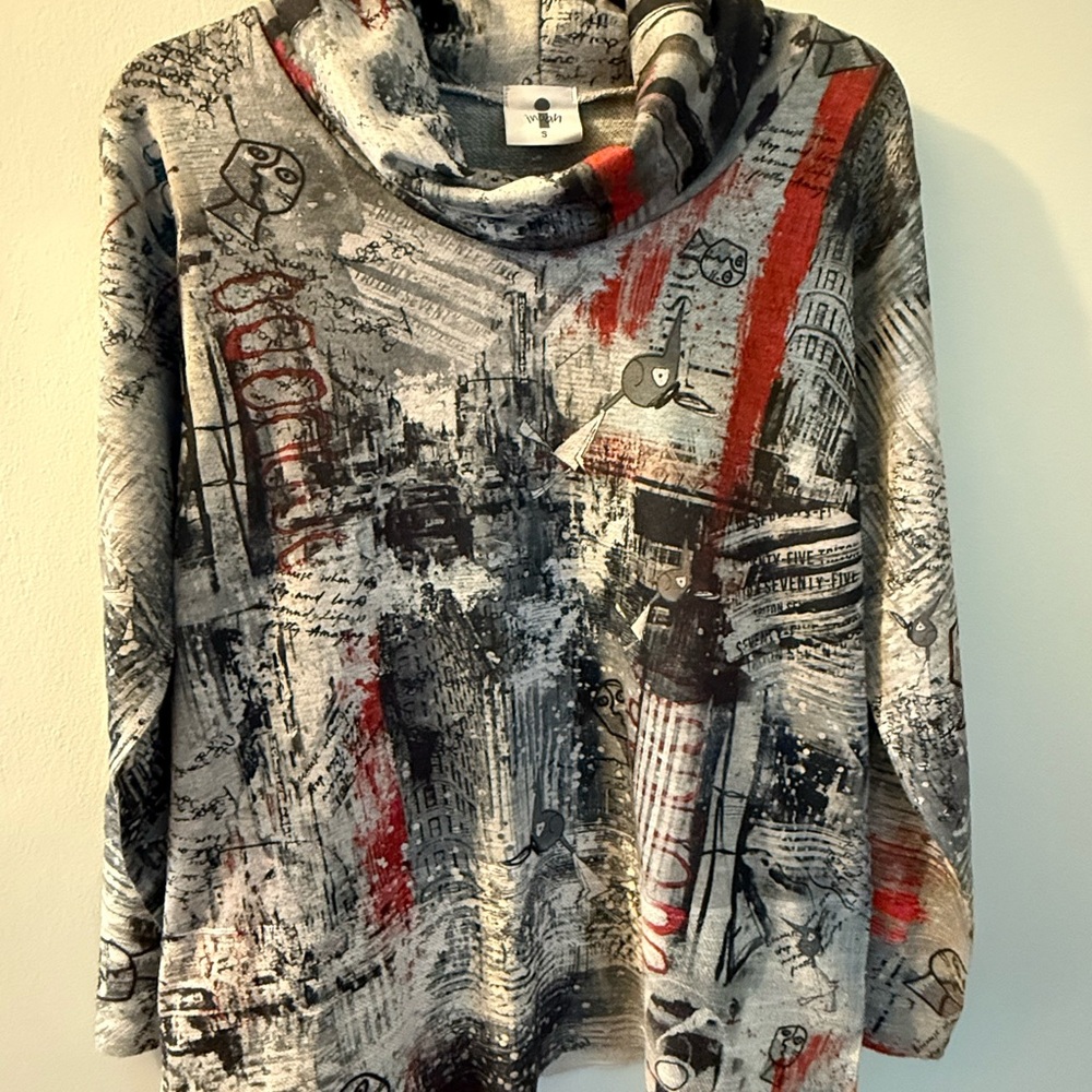 Inoah Cowl Neck Graphic Tunic Top - Grey with Red/Burnt Orange Accents
